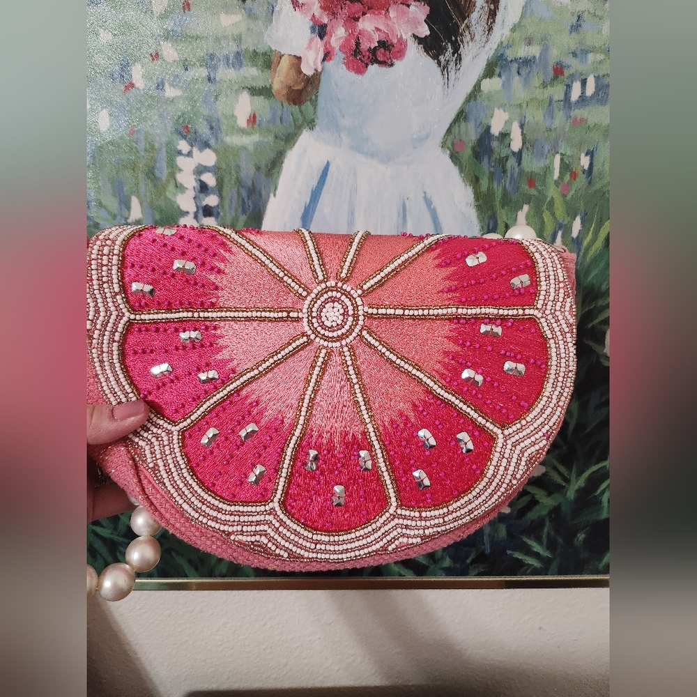 Viral Grapefruit Beaded Clutch with Pearl Strap. Only Used Once. In Ex Condition - Picture 4 of 11